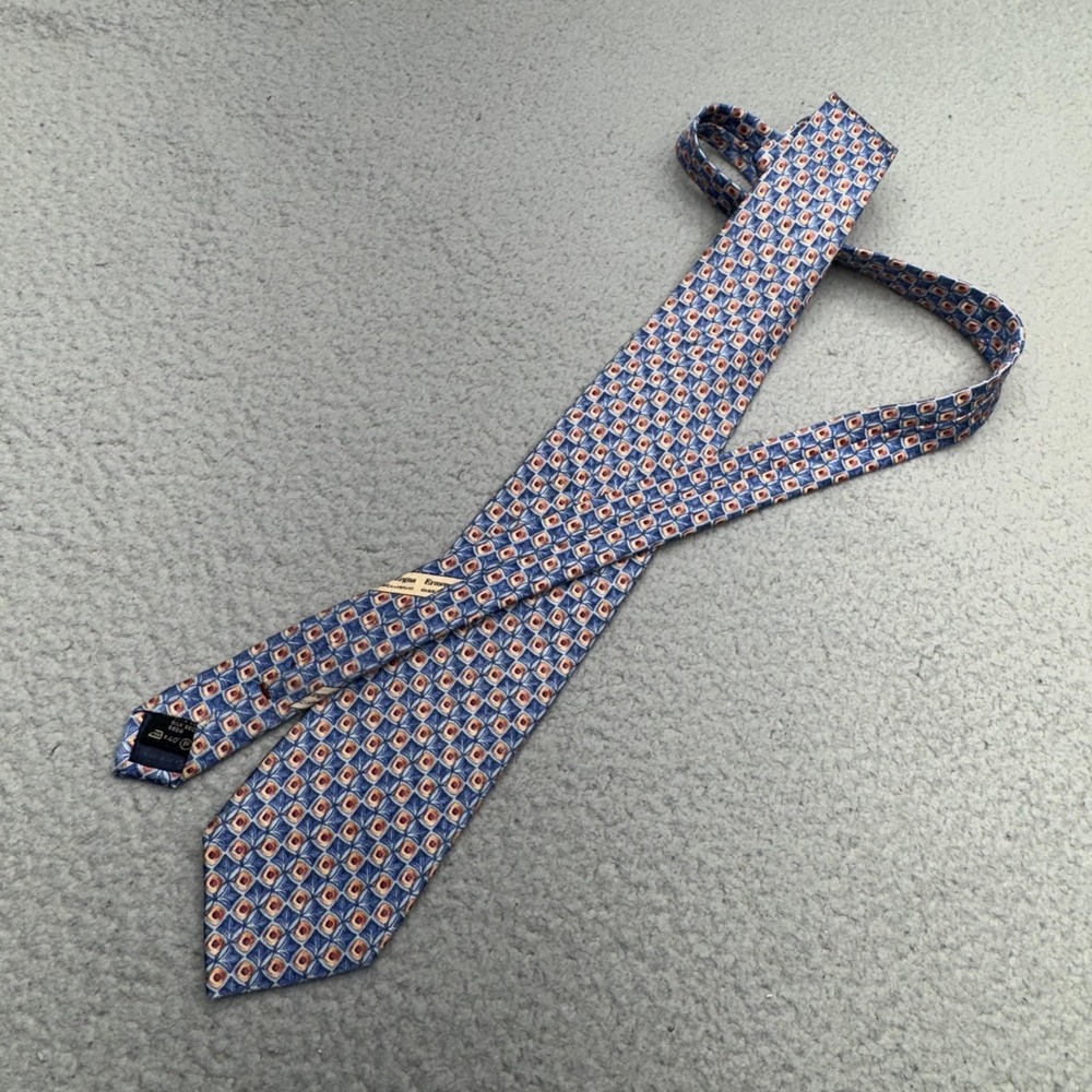 Ermenegildo Zegna Tie Blue Orange Cream Geometric Foulard Silk Italy Classic